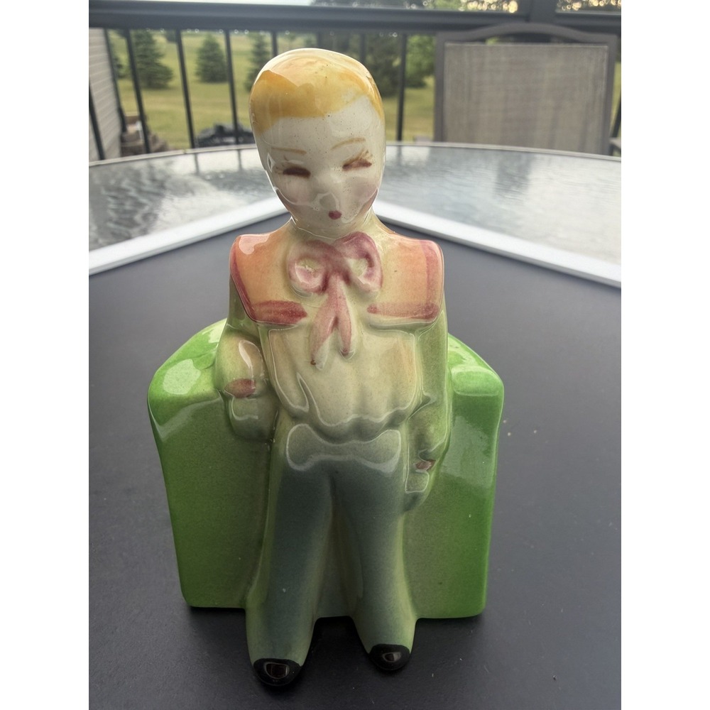 Vintage 1940s Ceramic Planter Vase – Standing Blond Boy Figurine Approx 5”x3”